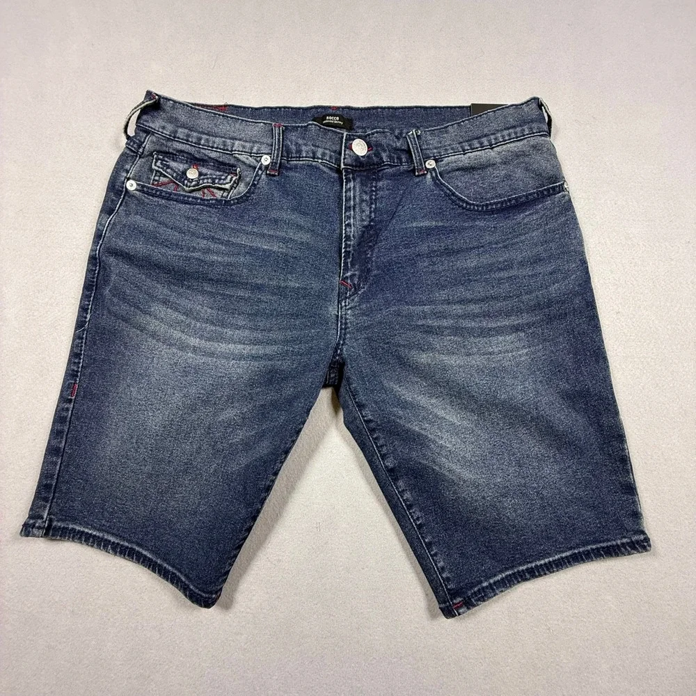 True Religion Denim Shorts Mens‎ Rocco W38 Blue Red Stitch Relaxed Skinny NWT